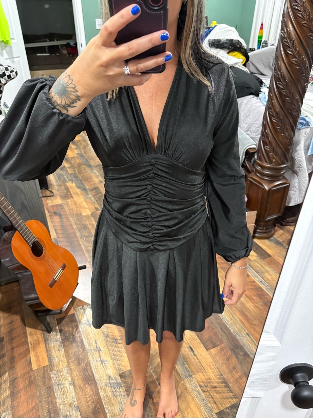 Amazon Black Ruched V-Neck Midi Dress